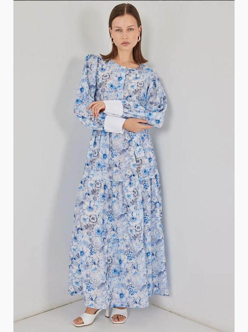 Vestido maxi em mistura de viscose com padrão e fecho de botões bdart Azul claro - Kiabi