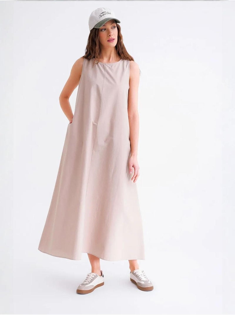 Vestido maxi em popelina com bolsos mixray Areia - Kiabi