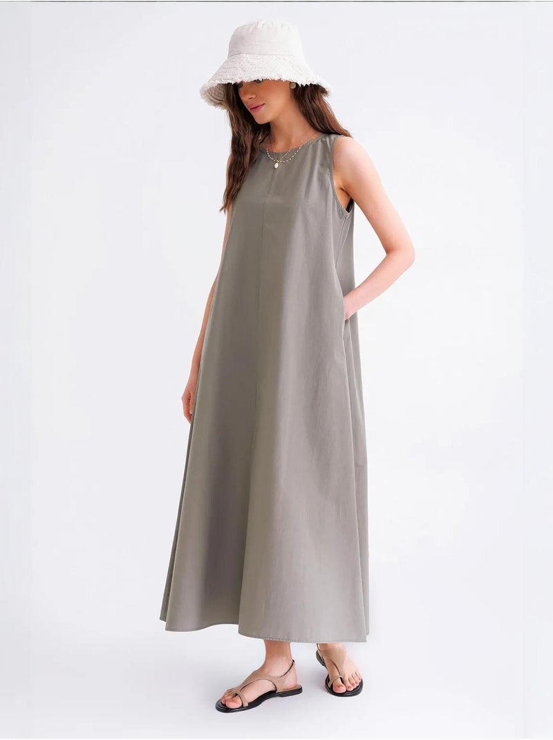 Vestido maxi em popelina com bolsos mixray Cáqui - Kiabi
