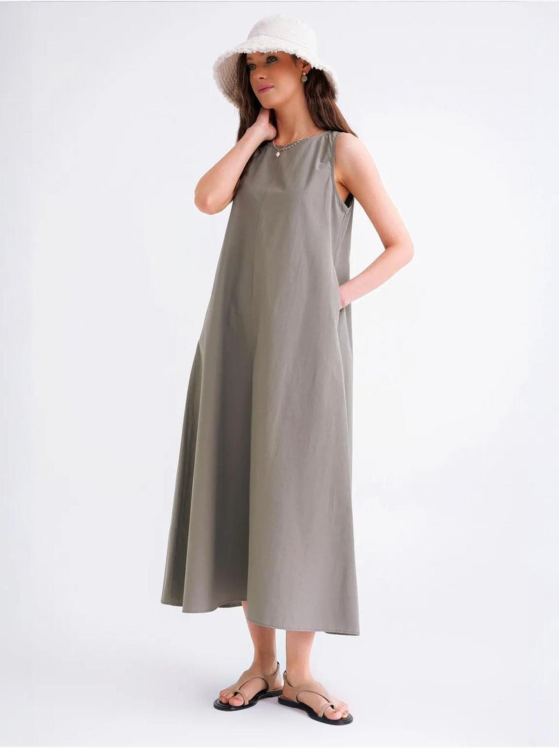 Vestido maxi em popelina com bolsos mixray Cáqui - Kiabi