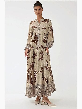 Vestido maxi em viscose estampada com manga comprida hiccup
