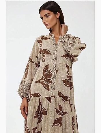 Vestido maxi em viscose estampada com manga comprida hiccup