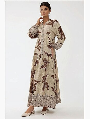 Vestido maxi em viscose estampada com manga comprida hiccup