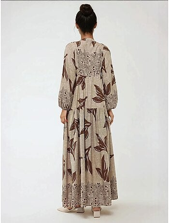 Vestido maxi em viscose estampada com manga comprida hiccup