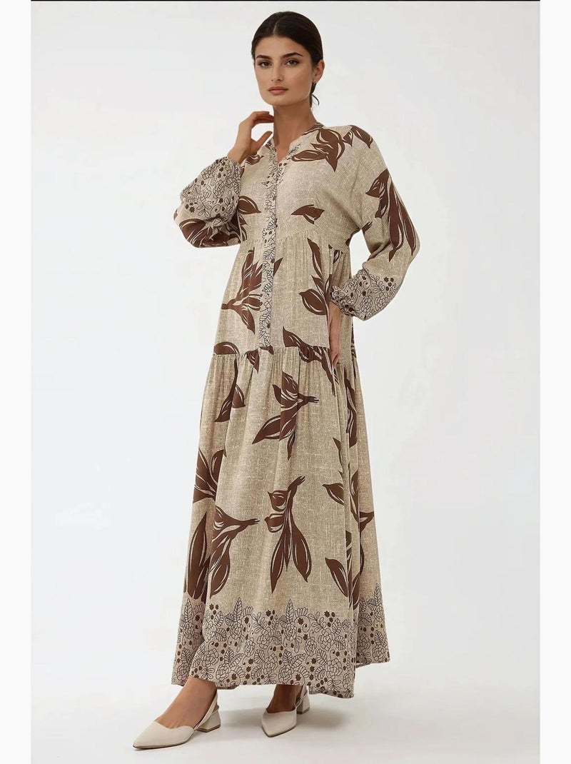 Vestido maxi em viscose estampada com manga comprida hiccup Castanho - Kiabi