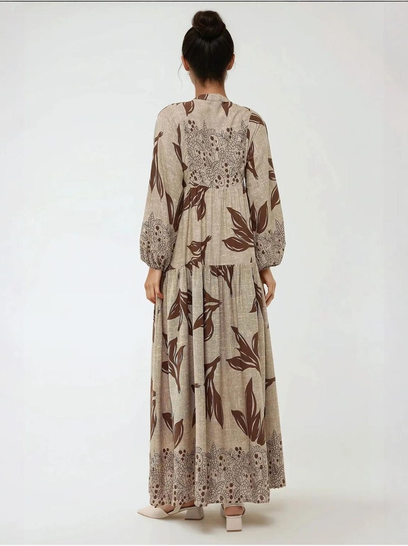 Vestido maxi em viscose estampada com manga comprida hiccup Castanho - Kiabi