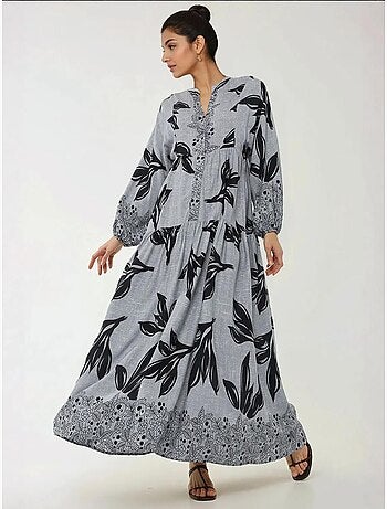 Vestido maxi em viscose estampada com manga comprida hiccup
