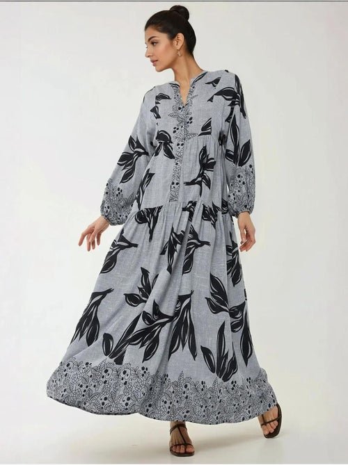 Vestido maxi em viscose estampada com manga comprida hiccup - Kiabi Vestido maxi em viscose estampada com manga comprida hiccup - Kiabi