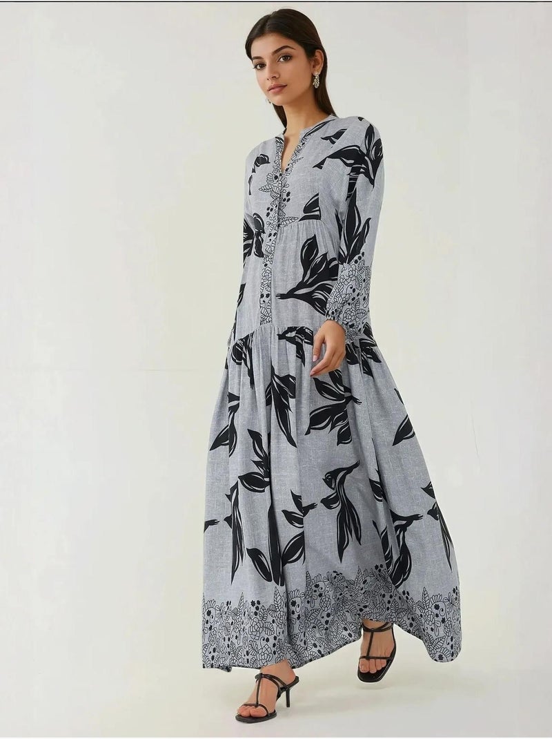 Vestido maxi em viscose estampada com manga comprida hiccup Cinza - Kiabi