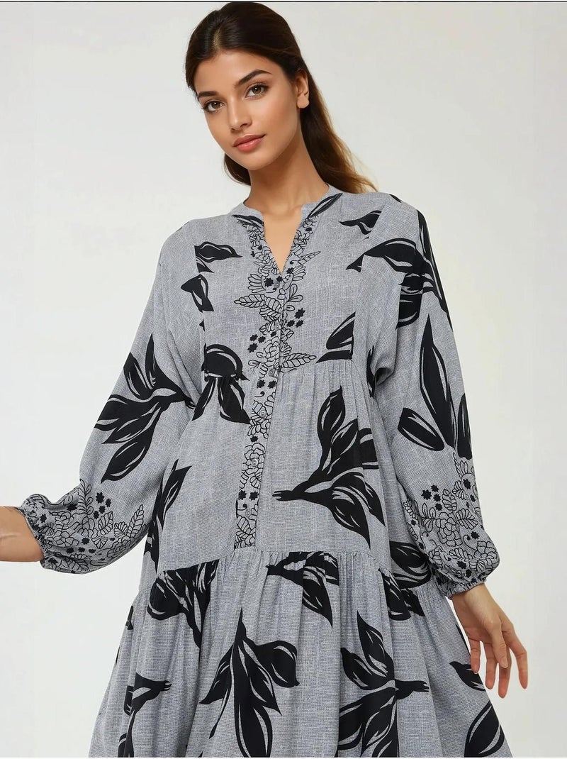 Vestido maxi em viscose estampada com manga comprida hiccup Cinza - Kiabi