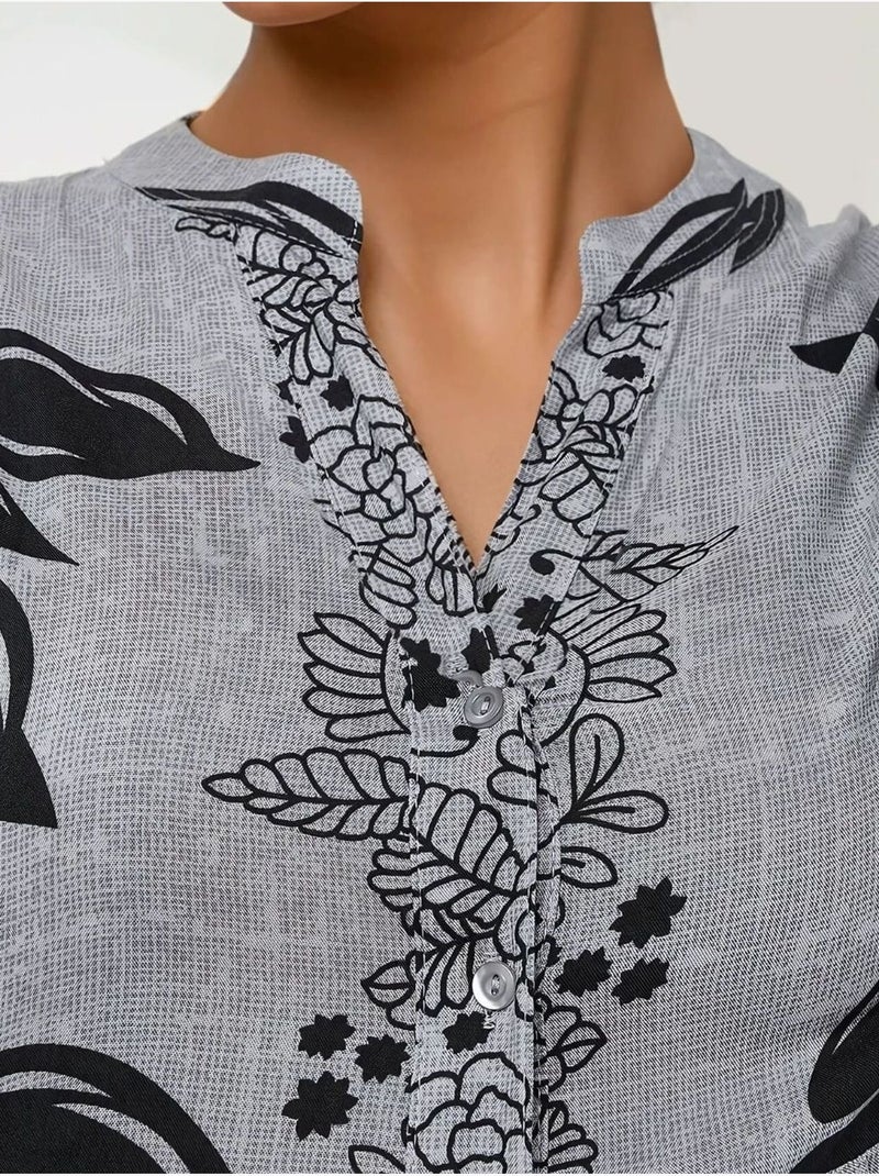 Vestido maxi em viscose estampada com manga comprida hiccup Cinza - Kiabi