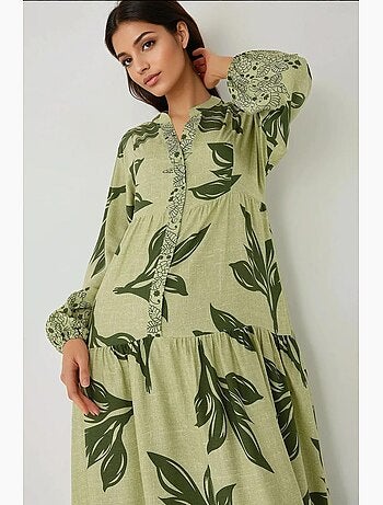 Vestido maxi em viscose estampada com manga comprida hiccup