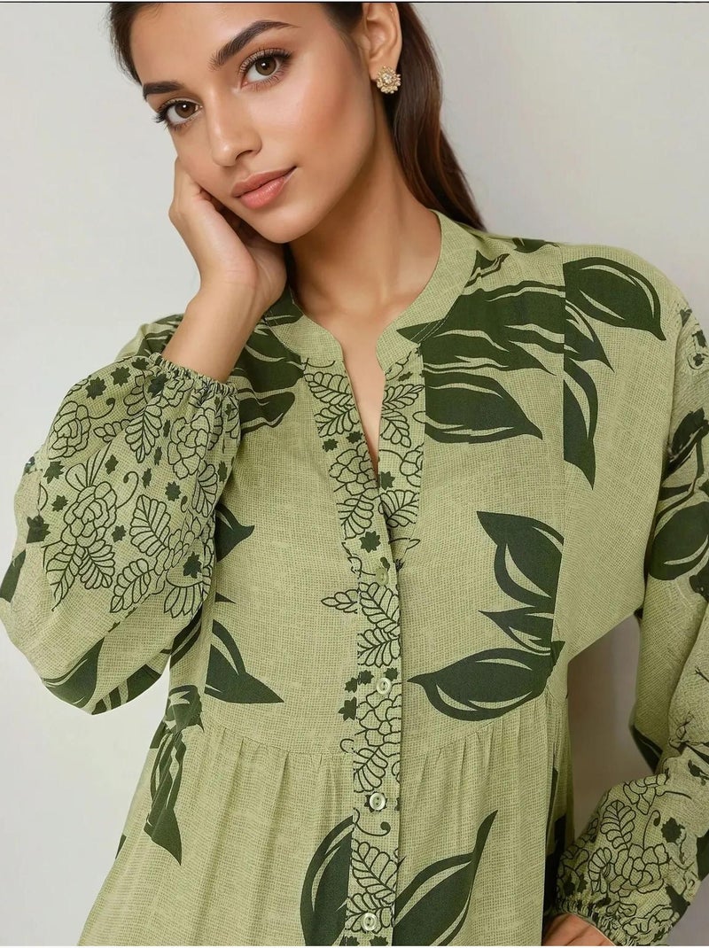 Vestido maxi em viscose estampada com manga comprida hiccup Verde claro - Kiabi