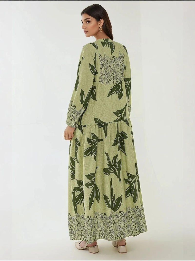 Vestido maxi em viscose estampada com manga comprida hiccup Verde claro - Kiabi