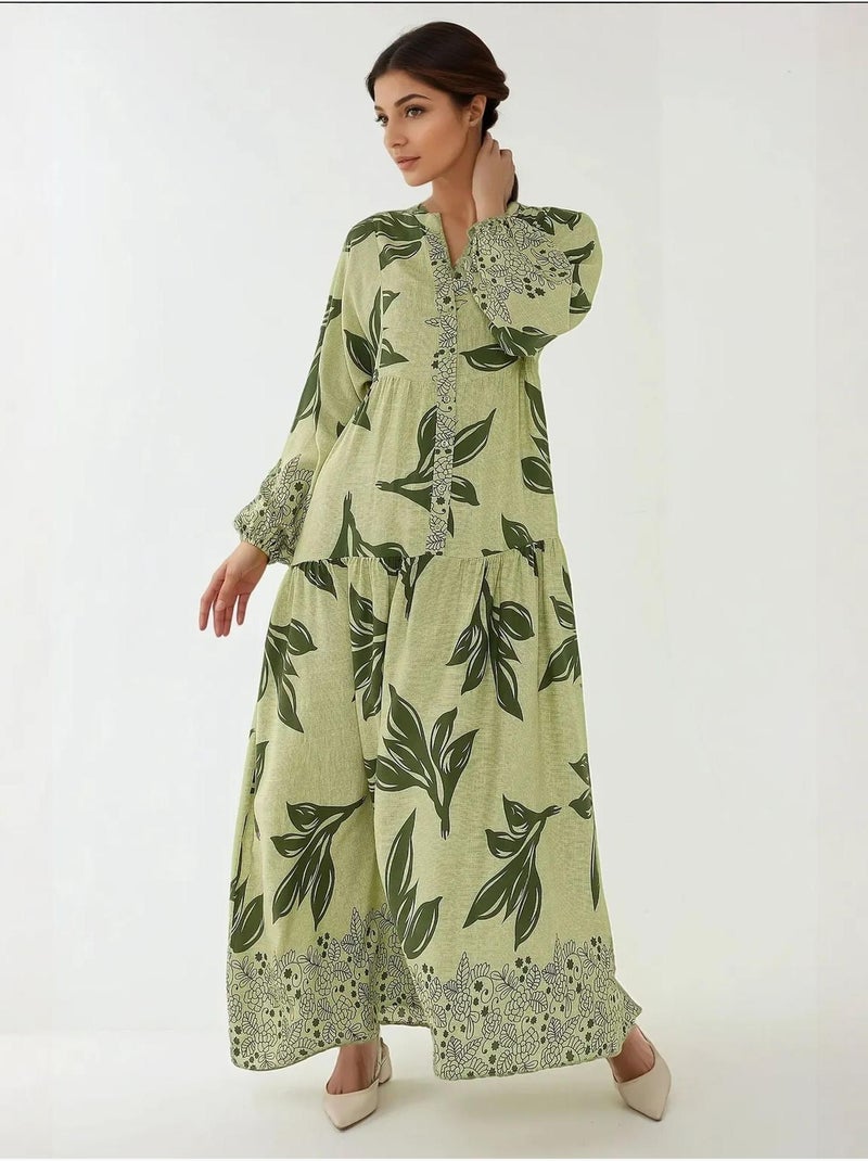 Vestido maxi em viscose estampada com manga comprida hiccup Verde claro - Kiabi