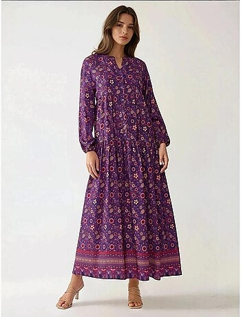Vestido maxi estampado com decote em v e botões hiccup