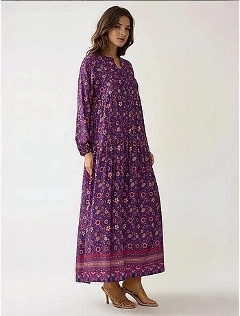 Vestido maxi estampado com decote em v e botões hiccup
