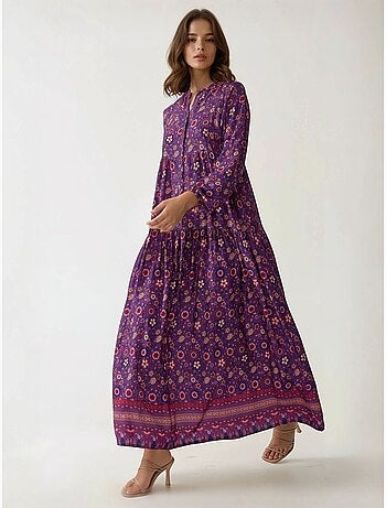 Vestido maxi estampado com decote em v e botões hiccup