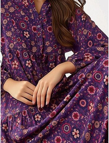 Vestido maxi estampado com decote em v e botões hiccup