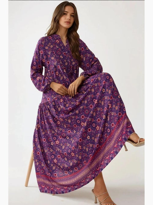 Vestido maxi estampado com decote em v e botões hiccup - Kiabi