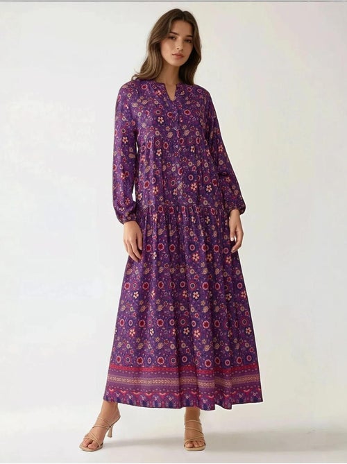 Vestido maxi estampado com decote em v e botões hiccup - Kiabi