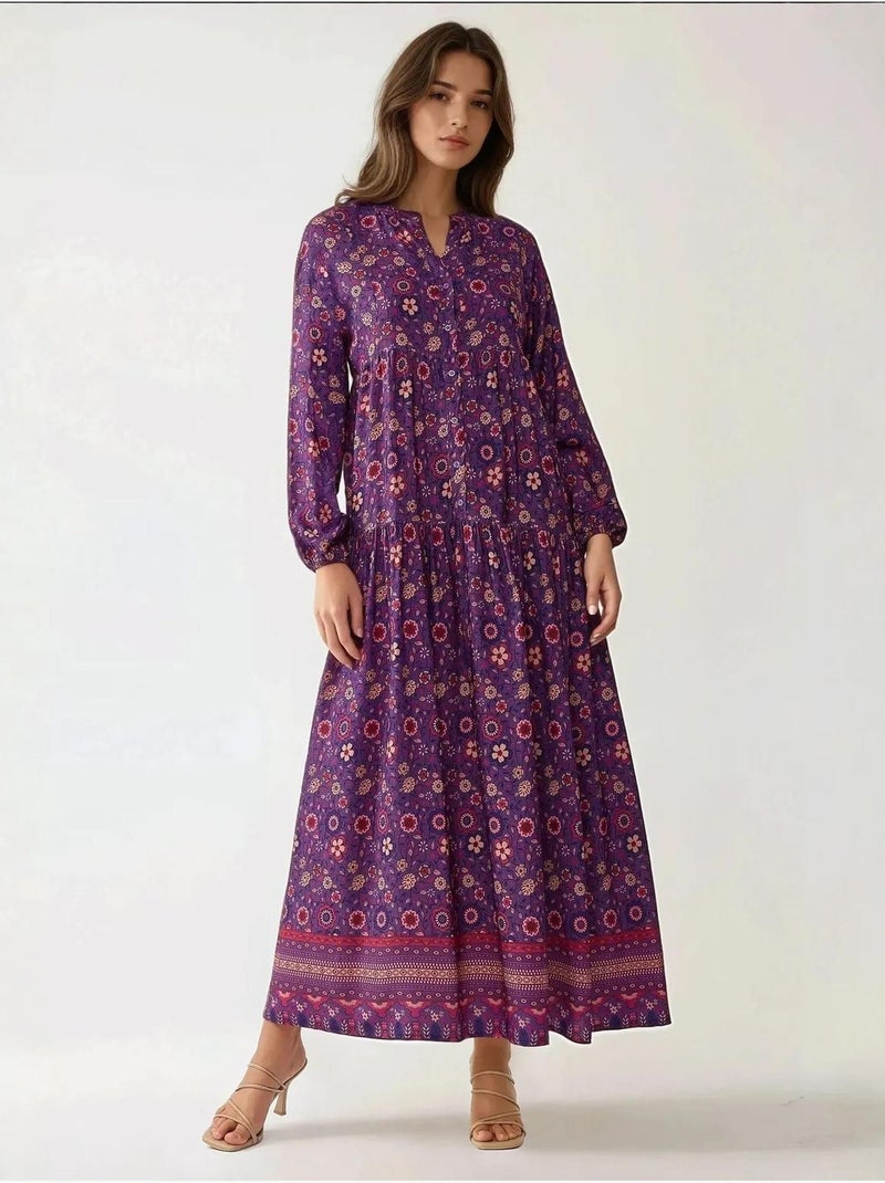 Vestido maxi estampado com decote em v e botões hiccup Roxo - Kiabi
