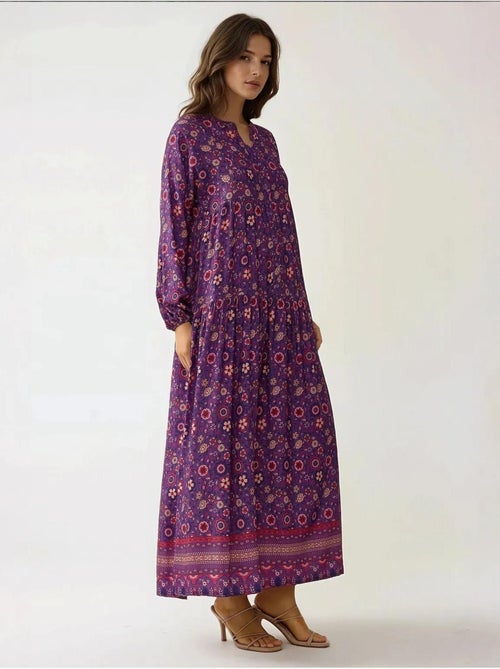 Vestido maxi estampado com decote em v e botões hiccup - Kiabi