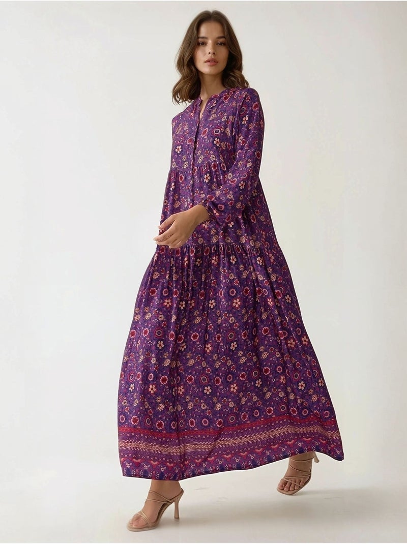 Vestido maxi estampado com decote em v e botões hiccup Roxo - Kiabi