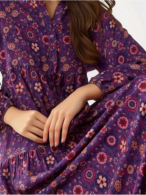 Vestido maxi estampado com decote em v e botões hiccup - Kiabi