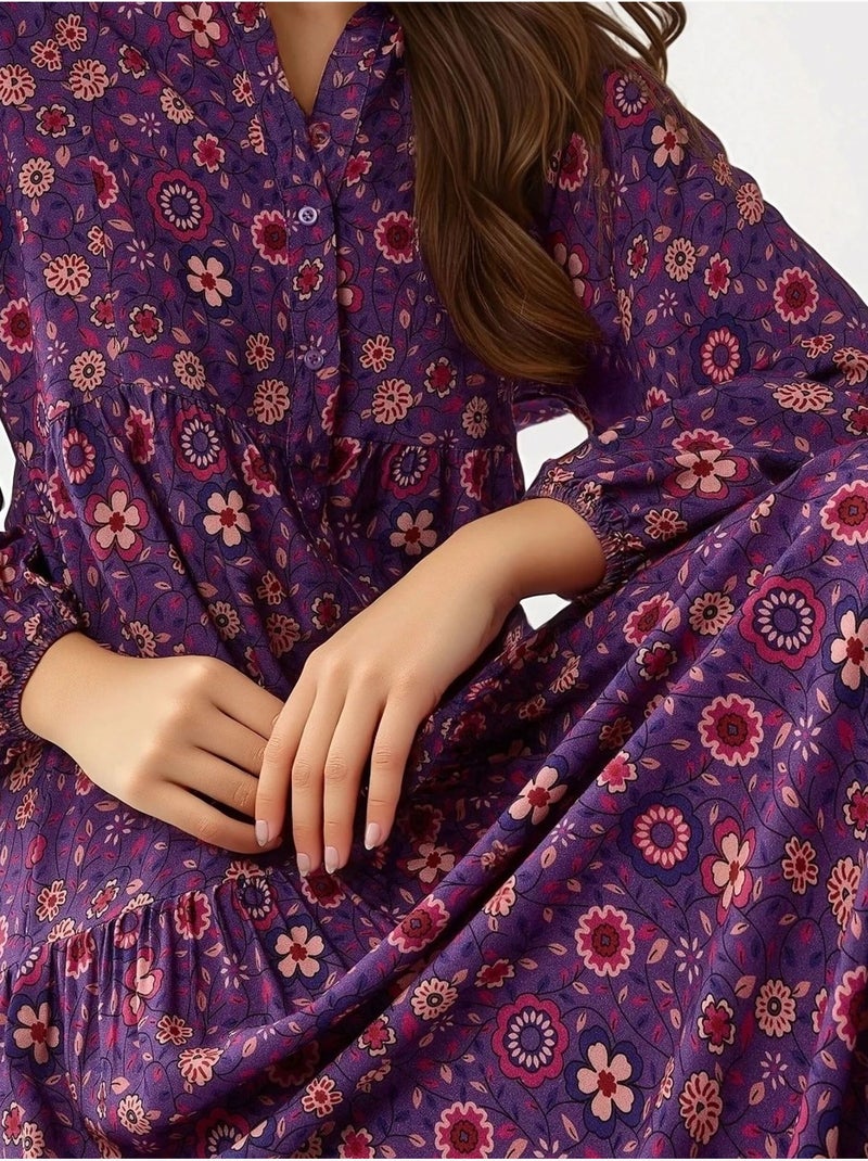 Vestido maxi estampado com decote em v e botões hiccup Roxo - Kiabi