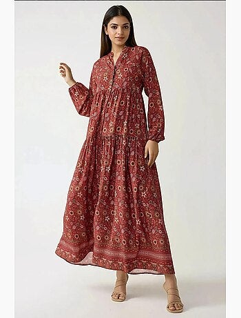 Vestido maxi estampado com decote em v e botões hiccup