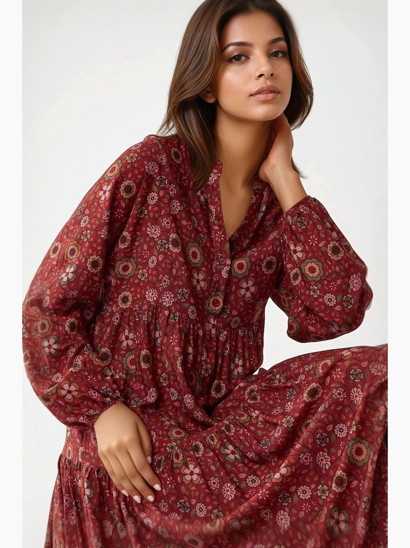 Vestido maxi estampado com decote em v e botões hiccup Vermelho - Kiabi