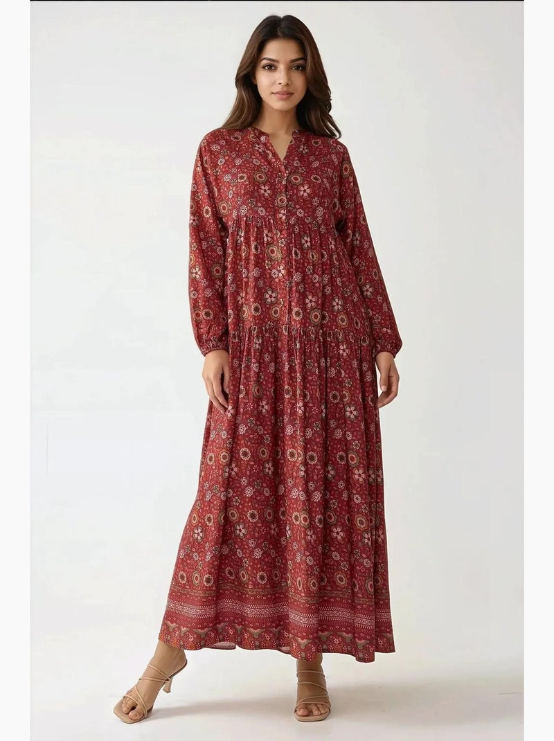 Vestido maxi estampado com decote em v e botões hiccup Vermelho - Kiabi