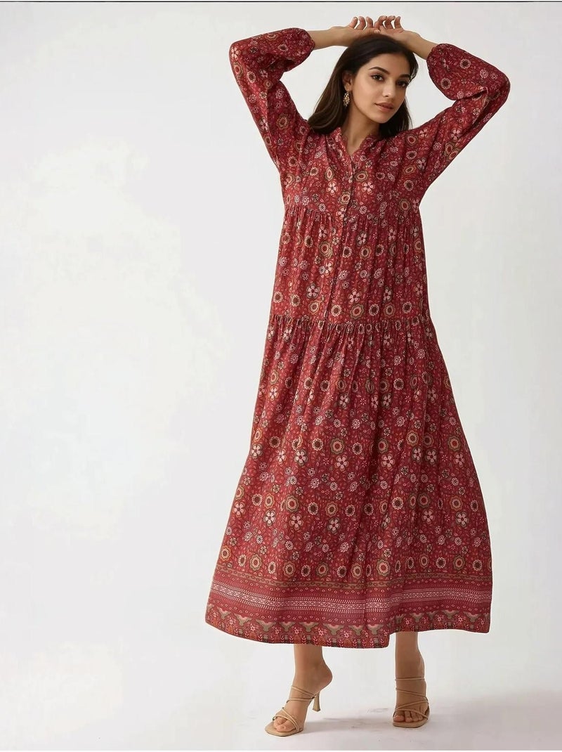 Vestido maxi estampado com decote em v e botões hiccup Vermelho - Kiabi