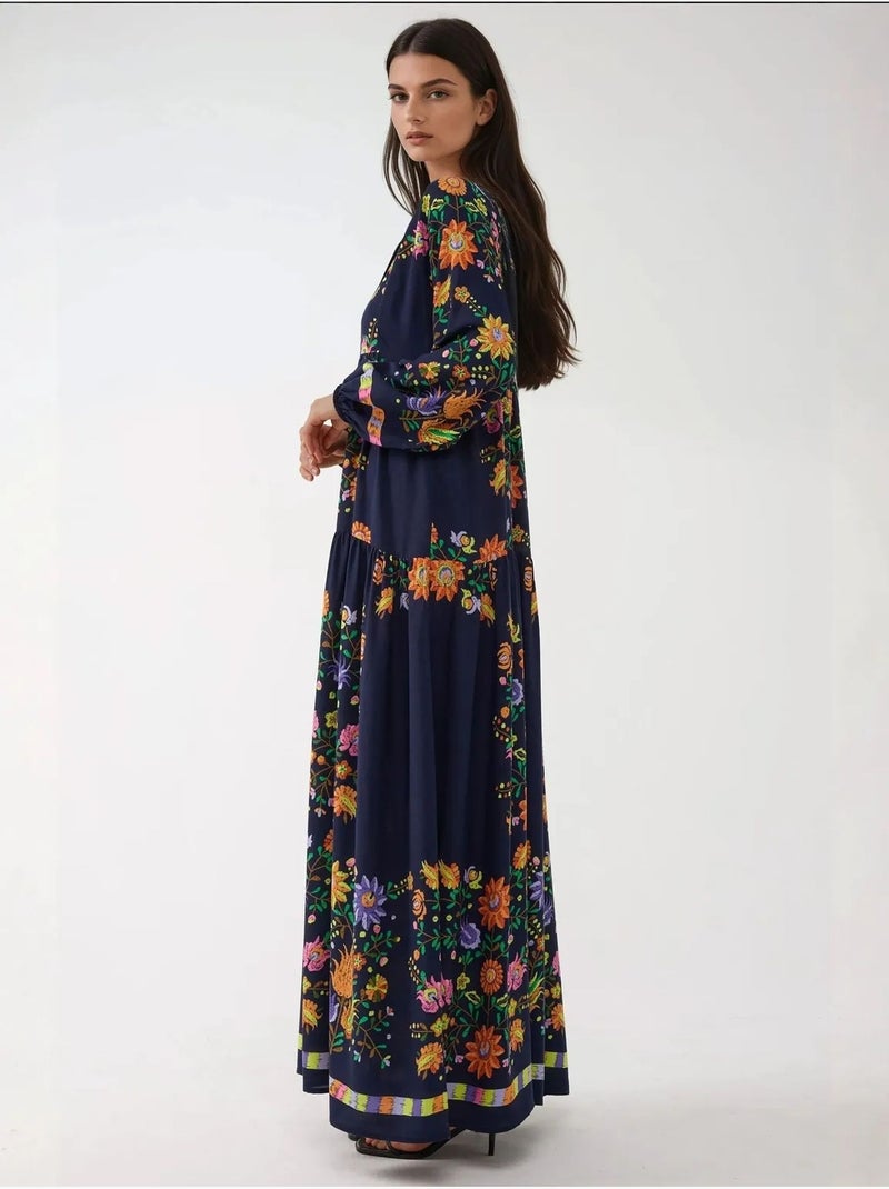 Vestido maxi estampado com decote em v e detalhe de botões hiccup Azul-marinho - Kiabi