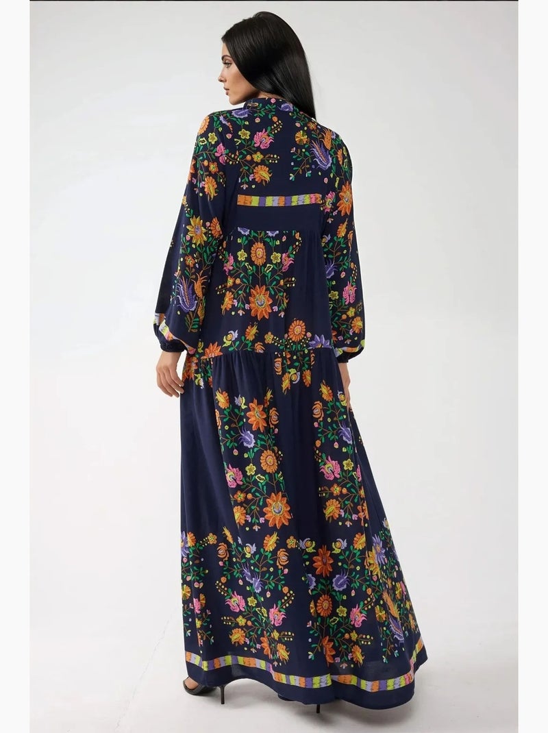 Vestido maxi estampado com decote em v e detalhe de botões hiccup Azul-marinho - Kiabi