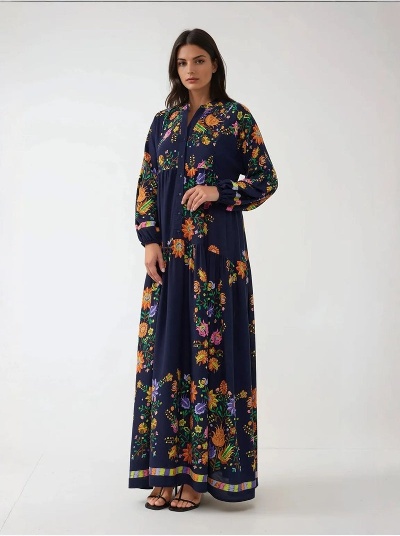 Vestido maxi estampado com decote em v e detalhe de botões hiccup Azul-marinho - Kiabi