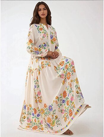 Vestido maxi estampado com decote em v e detalhe de botões hiccup