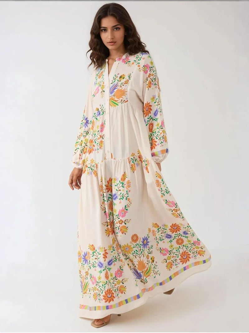 Vestido maxi estampado com decote em v e detalhe de botões hiccup Marfim - Kiabi
