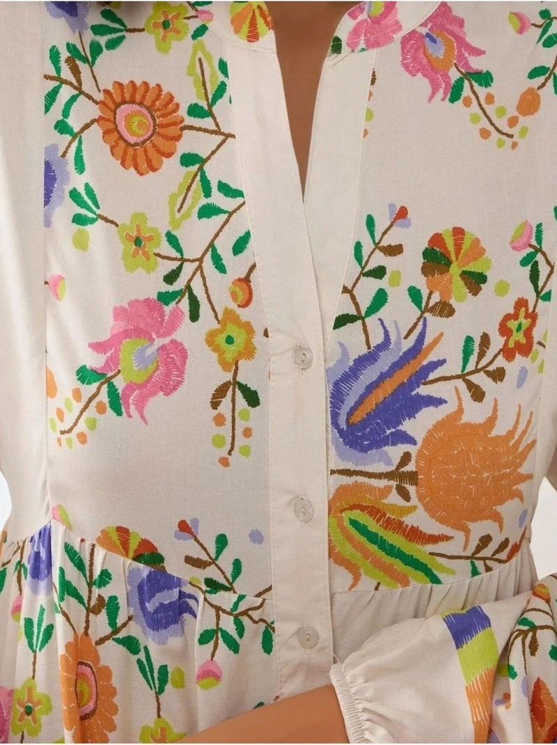 Vestido maxi estampado com decote em v e detalhe de botões hiccup Marfim - Kiabi
