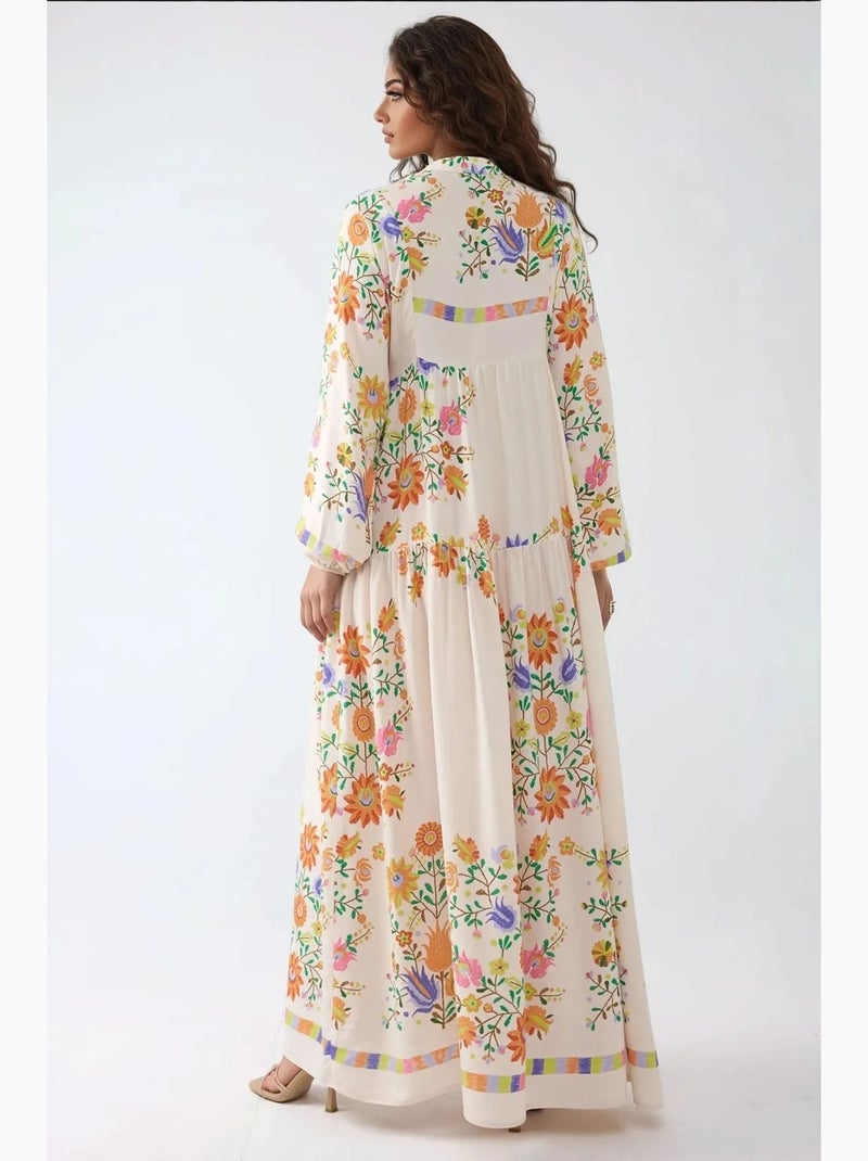 Vestido maxi estampado com decote em v e detalhe de botões hiccup Marfim - Kiabi