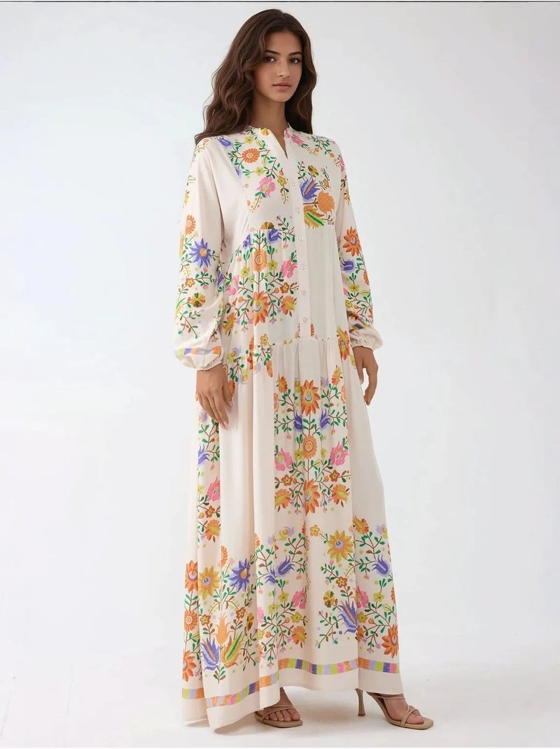 Vestido maxi estampado com decote em v e detalhe de botões hiccup Marfim - Kiabi