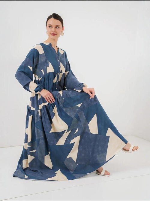 Vestido maxi estampado com decote em v e fecho de botões bdart - Kiabi Vestido maxi estampado com decote em v e fecho de botões bdart - Kiabi