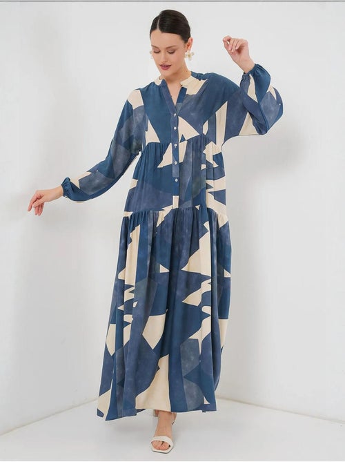 Vestido maxi estampado com decote em v e fecho de botões bdart - Kiabi Vestido maxi estampado com decote em v e fecho de botões bdart - Kiabi