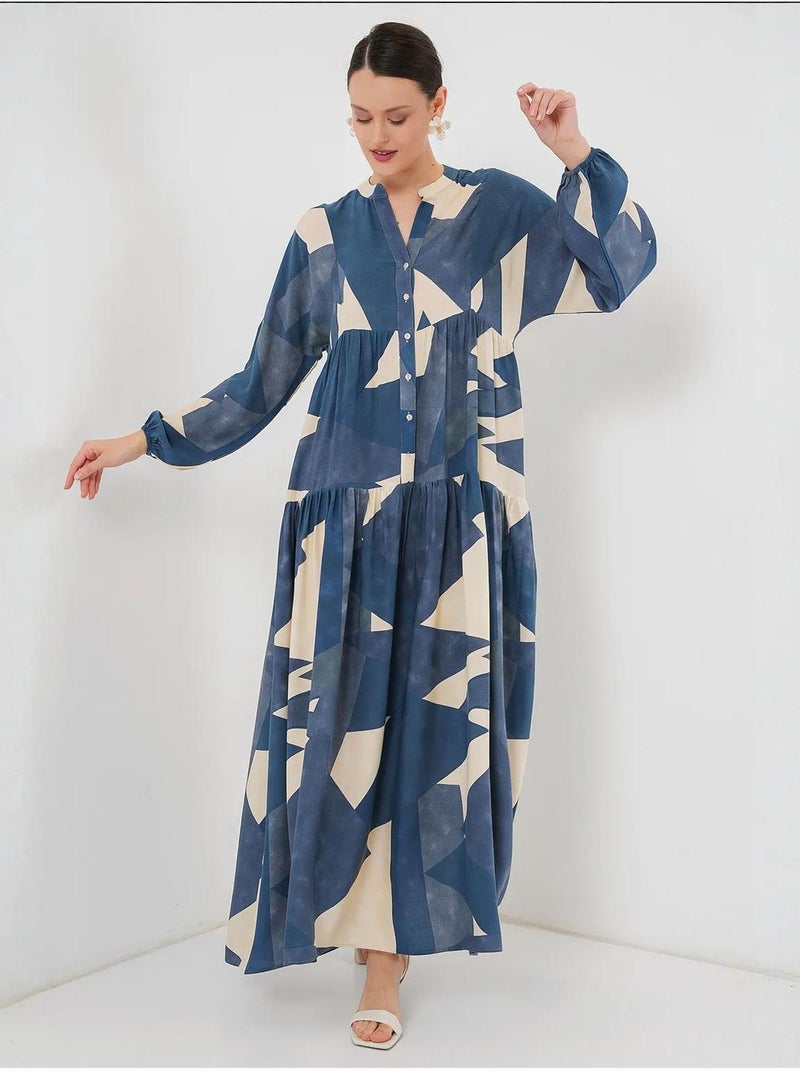 Vestido maxi estampado com decote em v e fecho de botões bdart Azul-elétrico - Kiabi