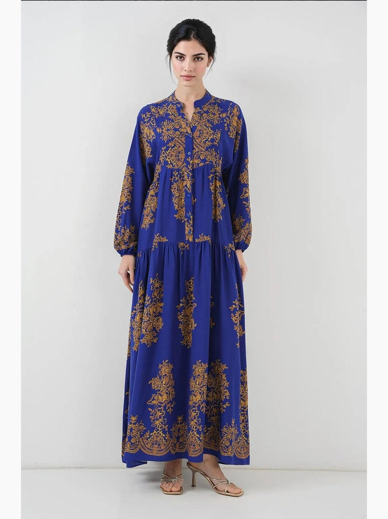 Vestido maxi estampado com decote em v e fecho de botões bdart Azul-safira - Kiabi