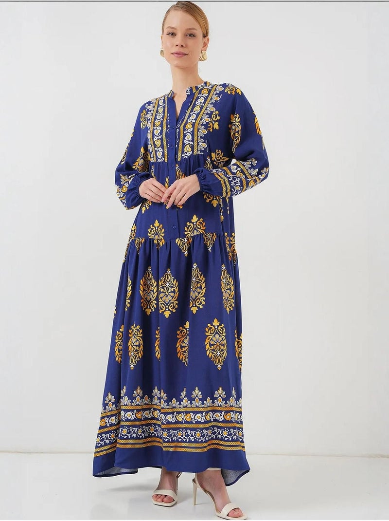 Vestido maxi estampado com decote em v e fecho de botões bdart Azul-ultramar - Kiabi
