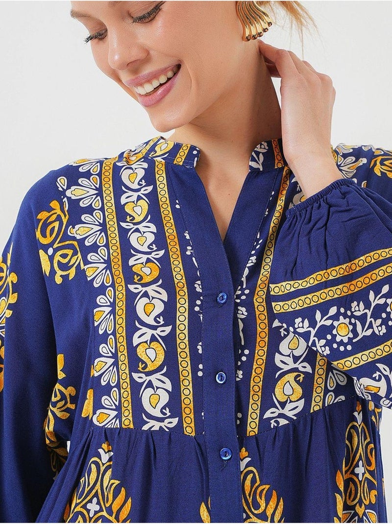 Vestido maxi estampado com decote em v e fecho de botões bdart Azul-ultramar - Kiabi
