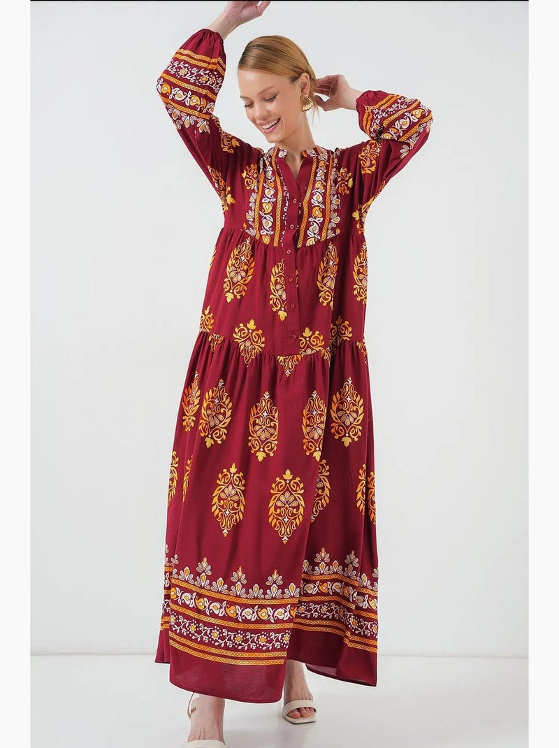 Vestido maxi estampado com decote em v e fecho de botões bdart Bordô - Kiabi
