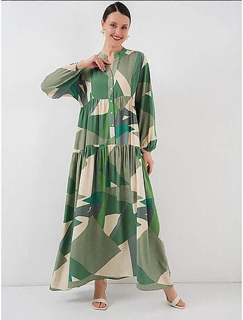 Vestido maxi estampado com decote em v e fecho de botões bdart